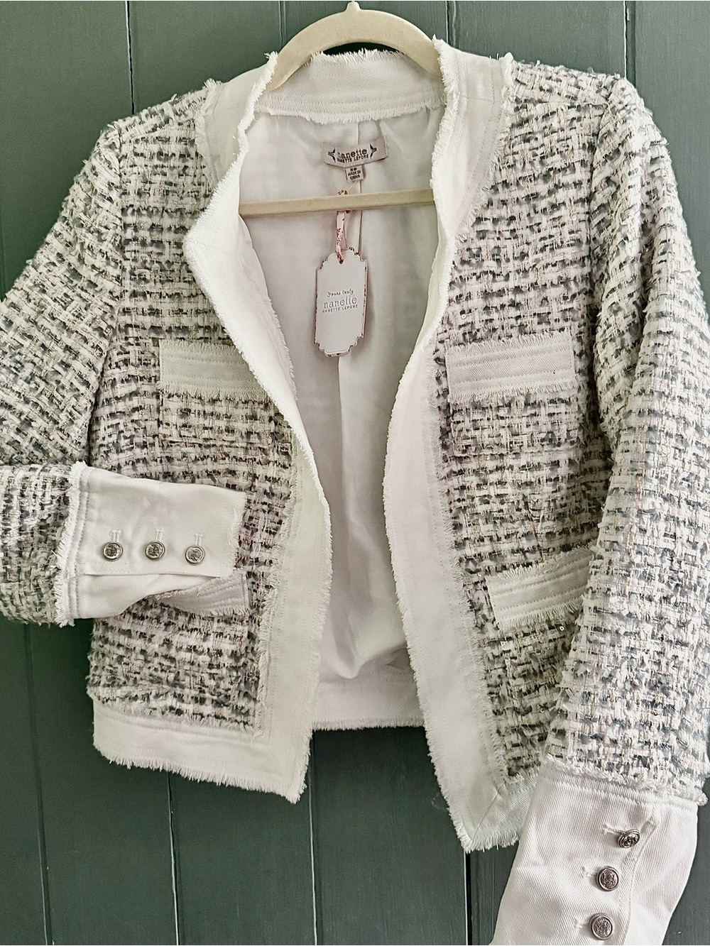 NWT Nanette Lepore - White Frayed Denim and SequinsTweed Jacket -XS